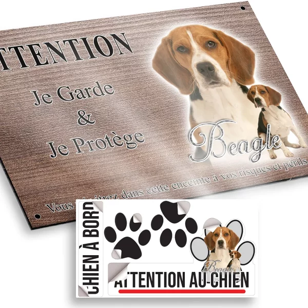 plaque attention au chien Deux Beagles sur fond éclairci
