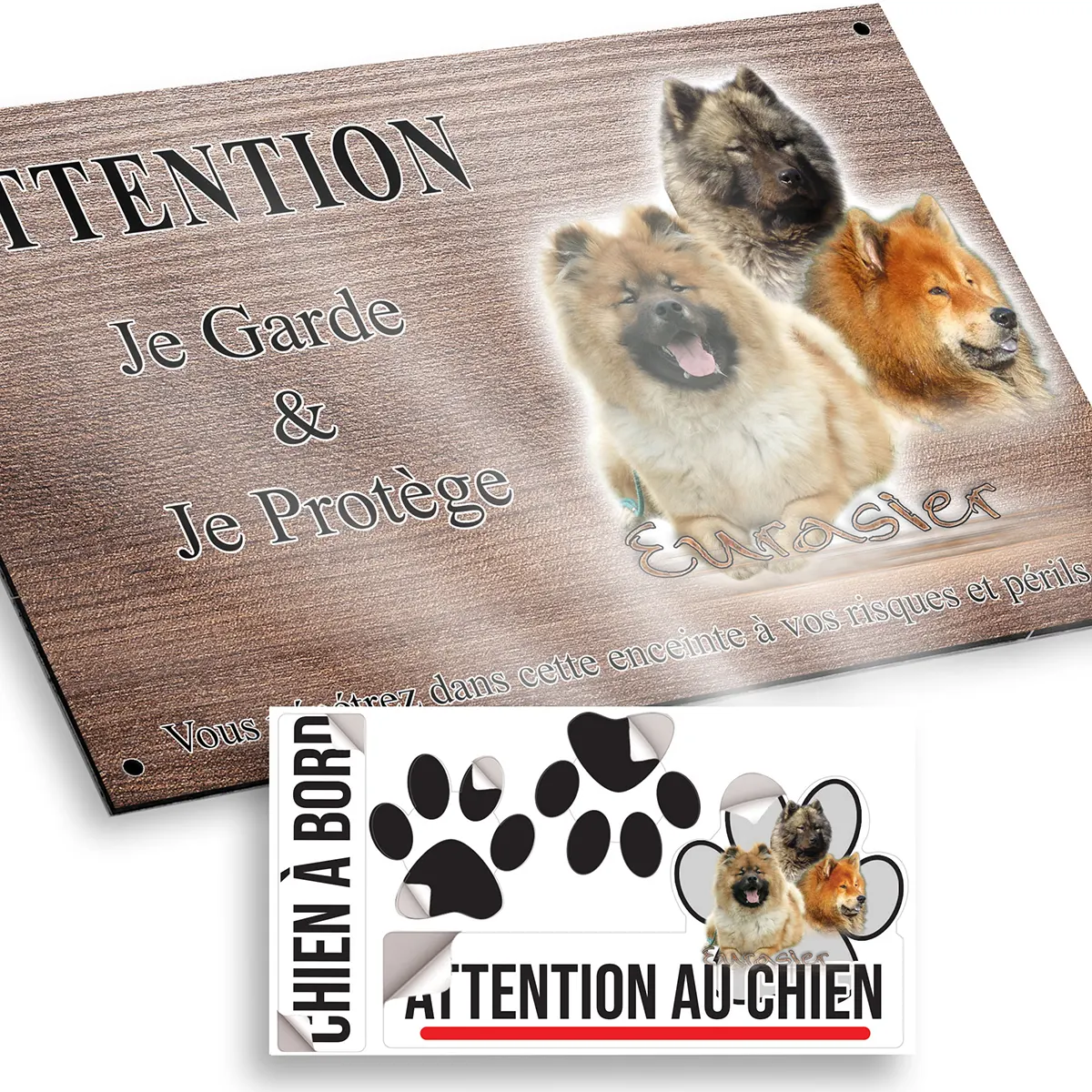 plaque attention au chien Trois Eurasier avec différents pelages