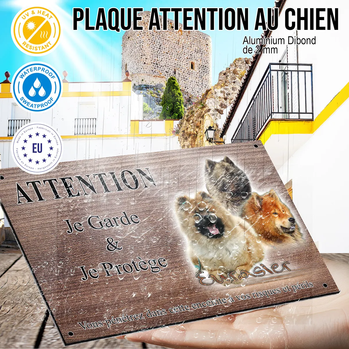 panneau attention au chien Trois Eurasier avec différents pelages