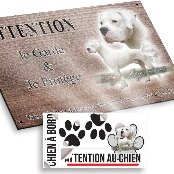 plaque attention au chien Un Dogo Argentino avec un deuxième chien en silhouette