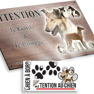 plaque attention au chien Image de plusieurs collies sur fond coloré avec texte Collie