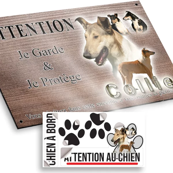 plaque attention au chien Image de plusieurs collies sur fond coloré avec texte Collie