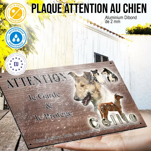 panneau attention au chien Image de plusieurs collies sur fond coloré avec texte Collie