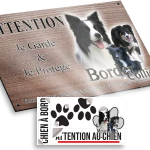 plaque attention au chien Trois Border Collies sur un fond verdoyant.
