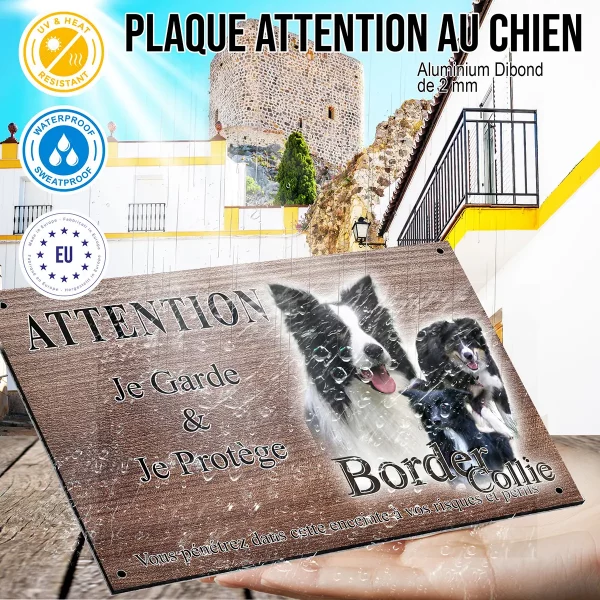 panneau attention au chien Trois Border Collies sur un fond verdoyant.