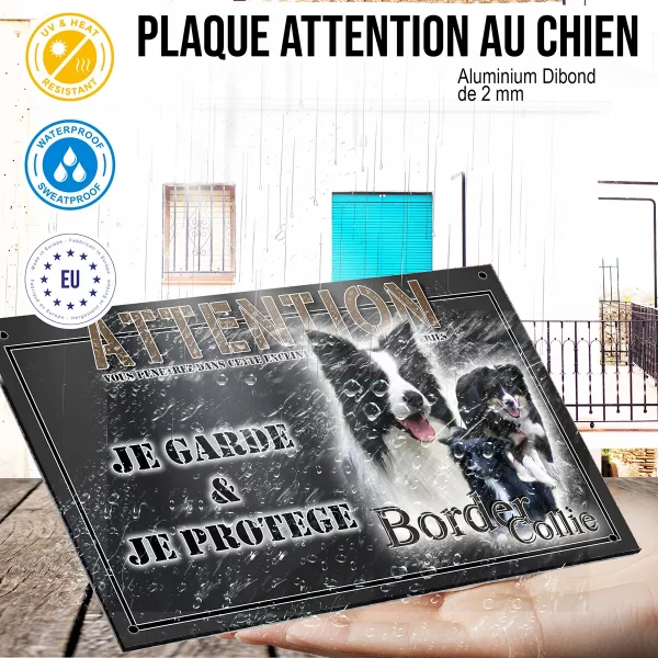 panneau chien de garde Trois Border Collies sur un fond verdoyant.