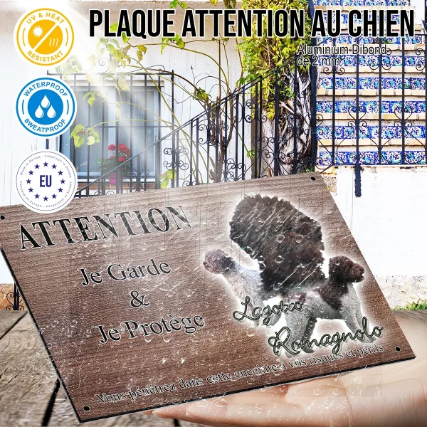 panneau attention au chien Trois chiens Lagotto Romagnolo avec pelages frisés