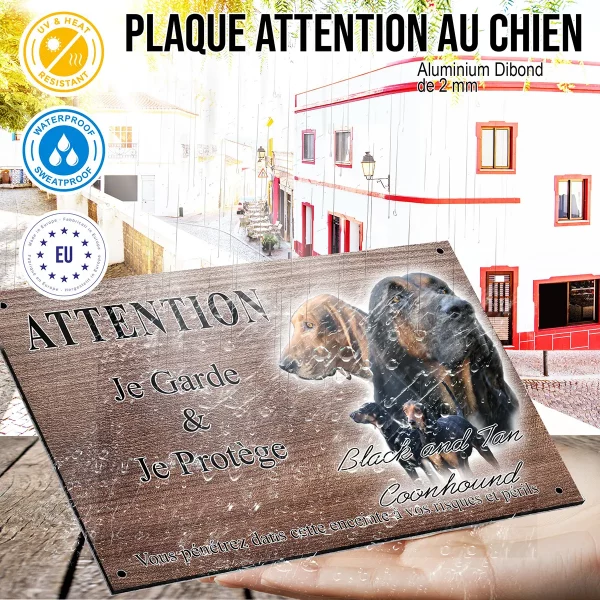 panneau attention au chien Chien Black and Tan Coonhound avec plusieurs angles de vue