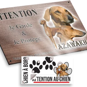 plaque attention au chien Azawakh avec portraits et silhouettes en arrière plan