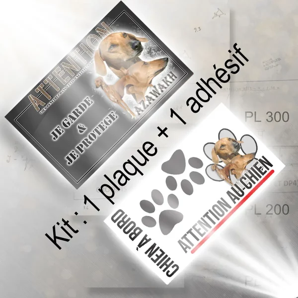 plaque chien de chasse Azawakh avec portraits et silhouettes en arrière plan