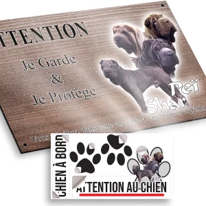 plaque attention au chien Quatre chiens Pei Shar en différentes poses et couleurs