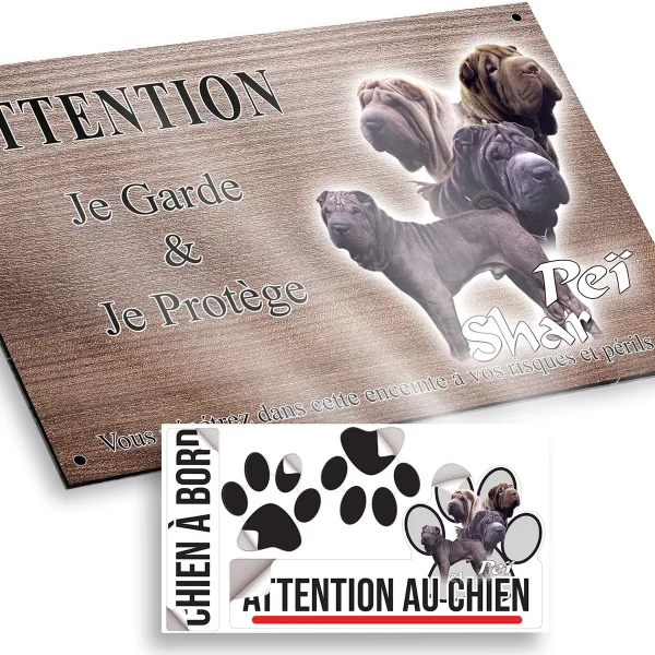 plaque attention au chien Quatre chiens Pei Shar en différentes poses et couleurs