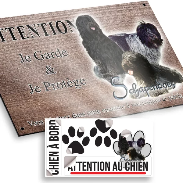 plaque attention au chien Trois chiens Schapendoes aux pelages variés
