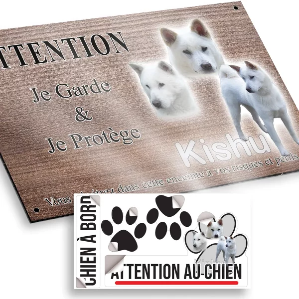 plaque attention au chien Trois Kishu Ken blancs