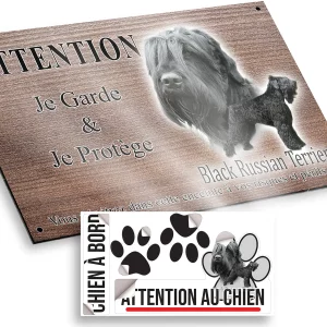 plaque attention au chien Black Russian Terrier avec une tête et un chien entier.