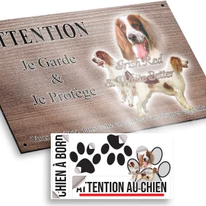 plaque attention au chien Irish Red and White Setter en portrait et entier