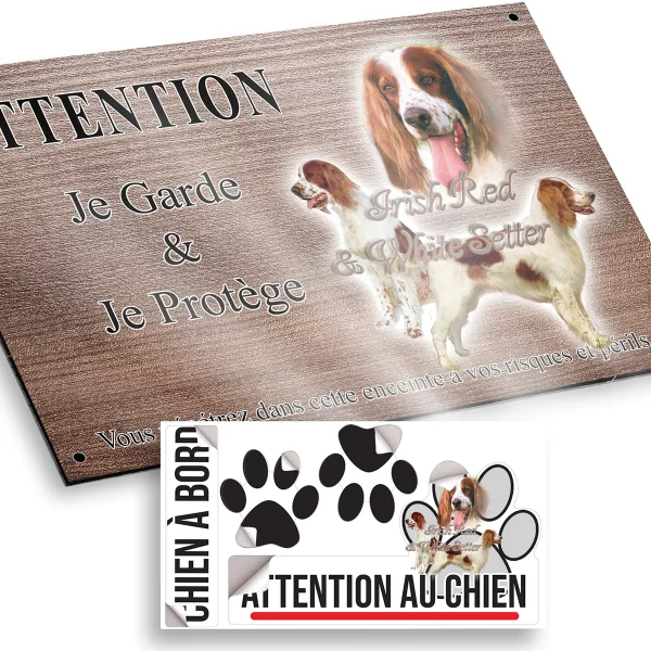 plaque attention au chien Irish Red and White Setter en portrait et entier