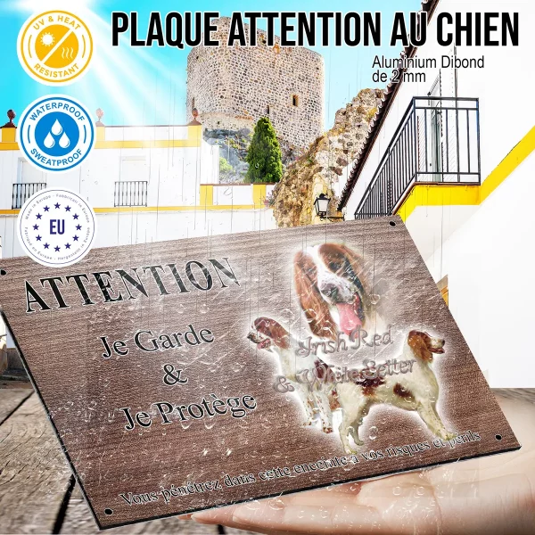 panneau attention au chien Irish Red and White Setter en portrait et entier