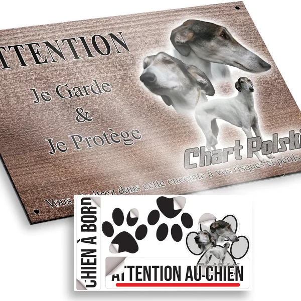 plaque attention au chien Visuel de Chart Polski avec trois chiens en différents angles.