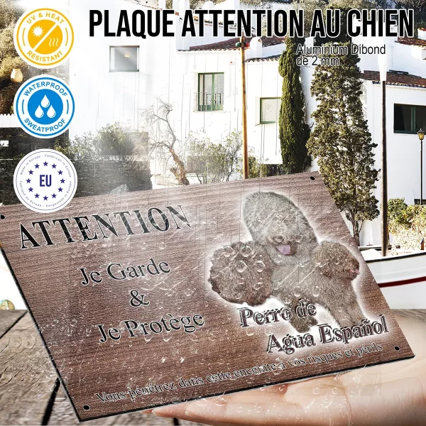 panneau attention au chien Trois chiens Perro de Agua Español