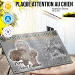 Plaque attention au chien Perro De Agua Espagnol, fond chasse, en situation