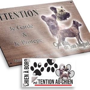 plaque attention au chien Cao Fila de Sao Miguel avec trois poses différentes