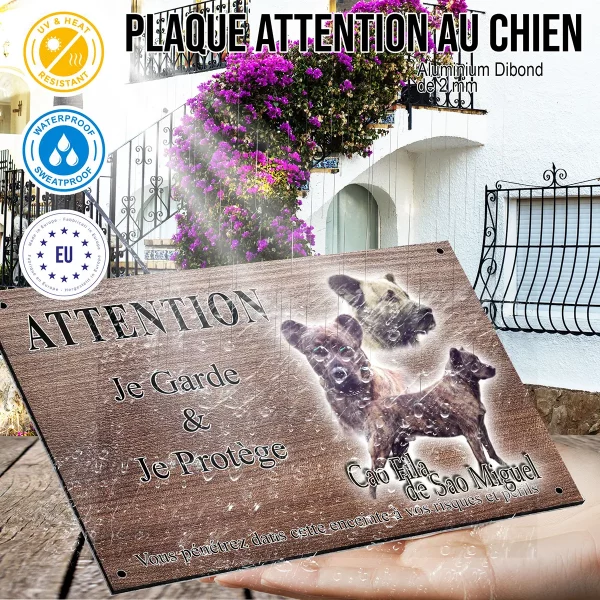 panneau attention au chien Cao Fila de Sao Miguel avec trois poses différentes
