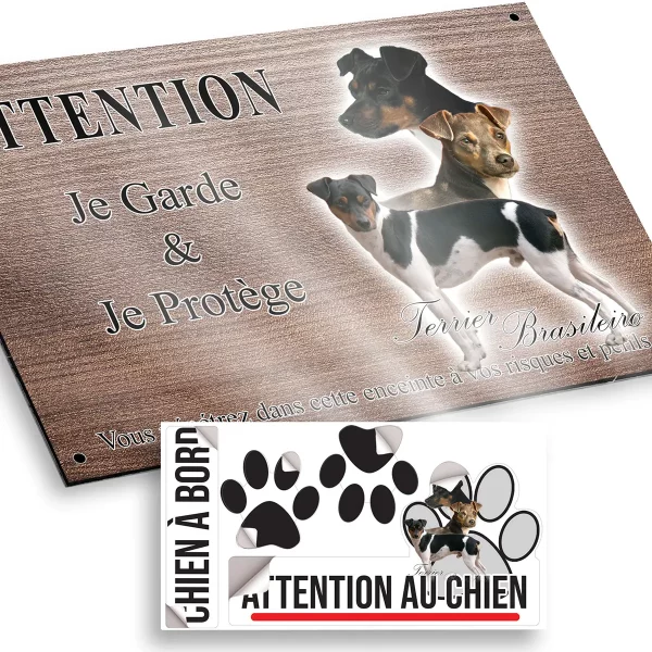 plaque attention au chien Trois chiens Terrier Brasileiro en différents angles