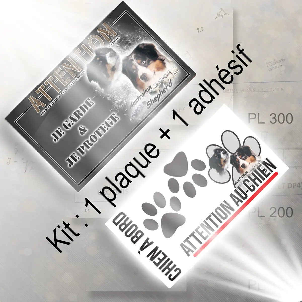 plaque chien de chasse Portraits de chiens Australian Shepherd avec troupeau de moutons en fond