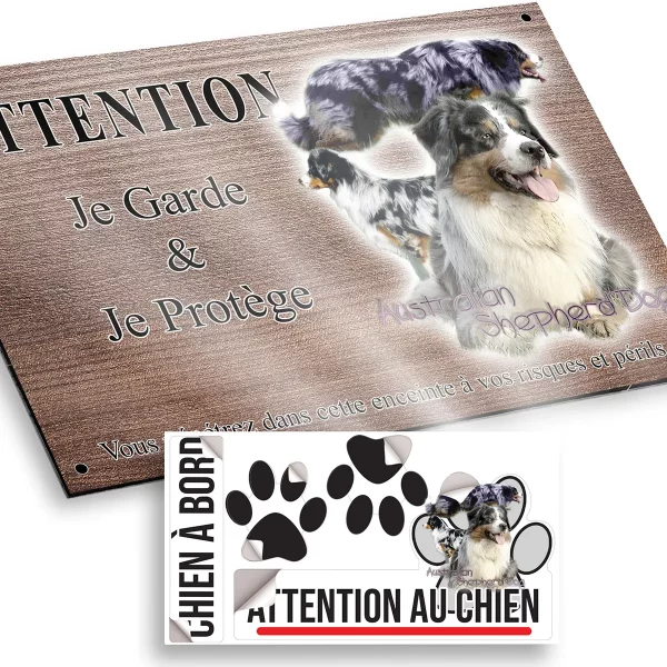 plaque attention au chien Trois chiens de berger australien au profil varié