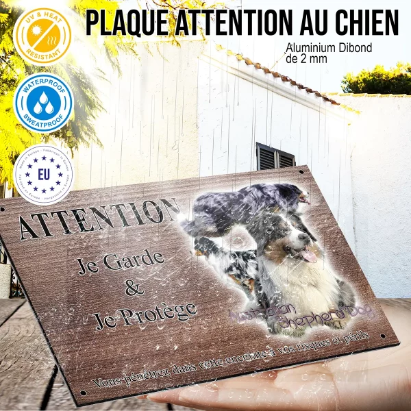 panneau attention au chien Trois chiens de berger australien au profil varié
