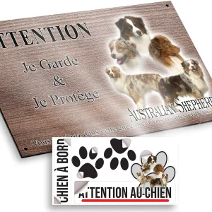 plaque attention au chien Chien Australian Shepherd aux diverses couleurs.