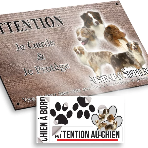 plaque attention au chien Chien Australian Shepherd aux diverses couleurs.