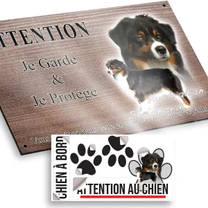 plaque attention au chien Australian Shepherd avec une tête et un chien entier