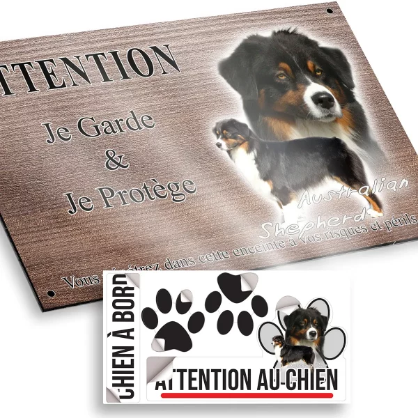 plaque attention au chien Australian Shepherd avec une tête et un chien entier
