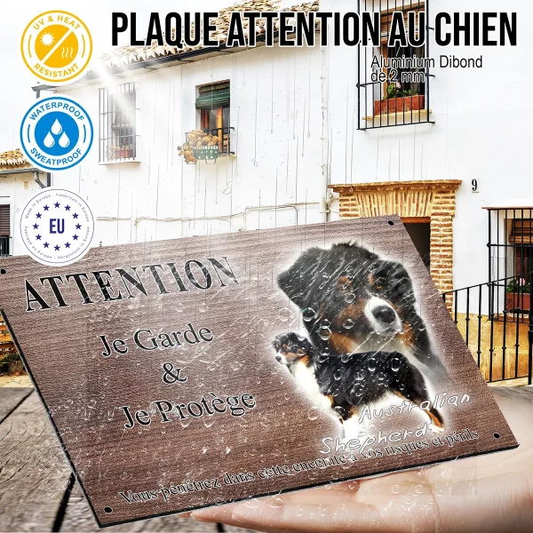 panneau attention au chien Australian Shepherd avec une tête et un chien entier