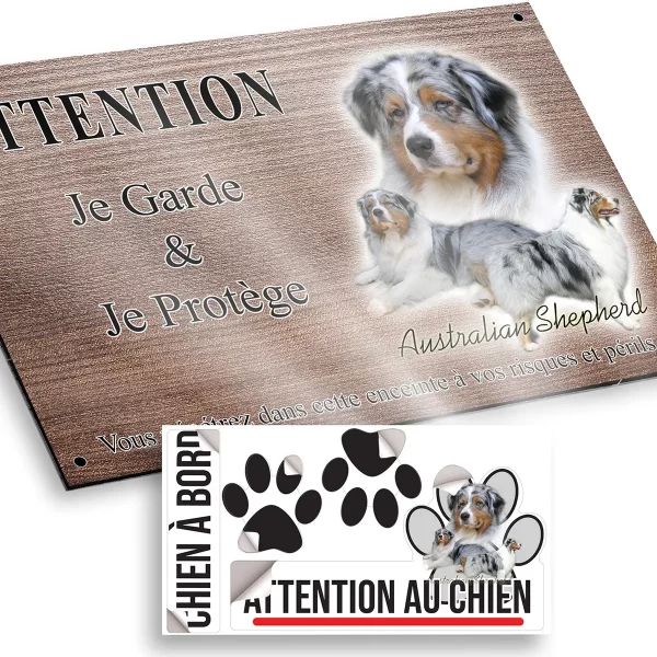 plaque attention au chien Trois Australian Shepherds sur fond clair