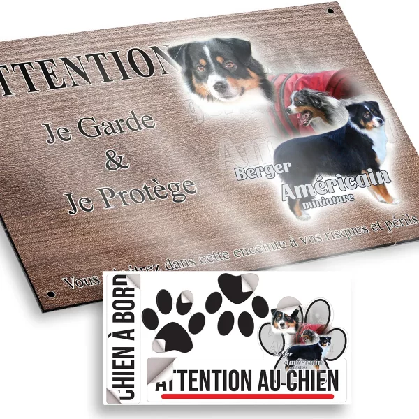 plaque attention au chien Trois chiens Berger Américain Miniature en différentes poses.