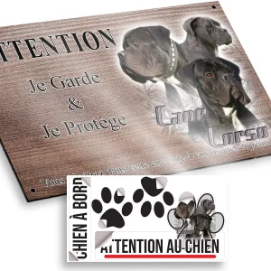 plaque attention au chien Trois portraits de Cane Corso avec fond graphique.
