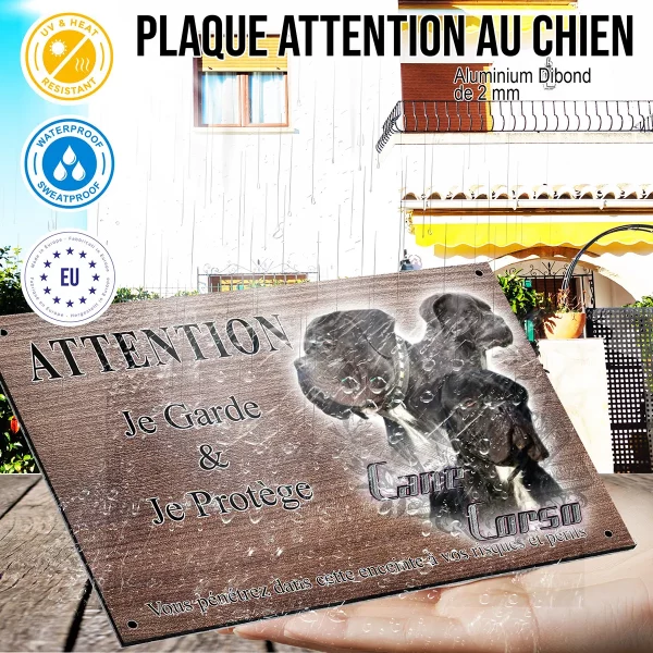 panneau attention au chien Trois portraits de Cane Corso avec fond graphique.