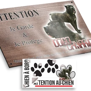 plaque attention au chien Dogo Canario avec vue de profil et de face