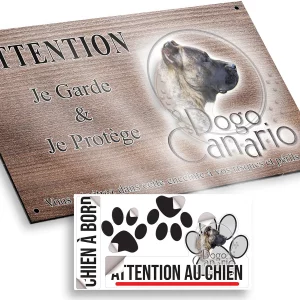 plaque attention au chien Dogo Canario en profil avec un fond stylisé