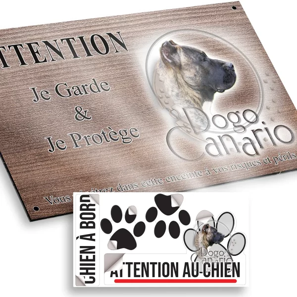 plaque attention au chien Dogo Canario en profil avec un fond stylisé