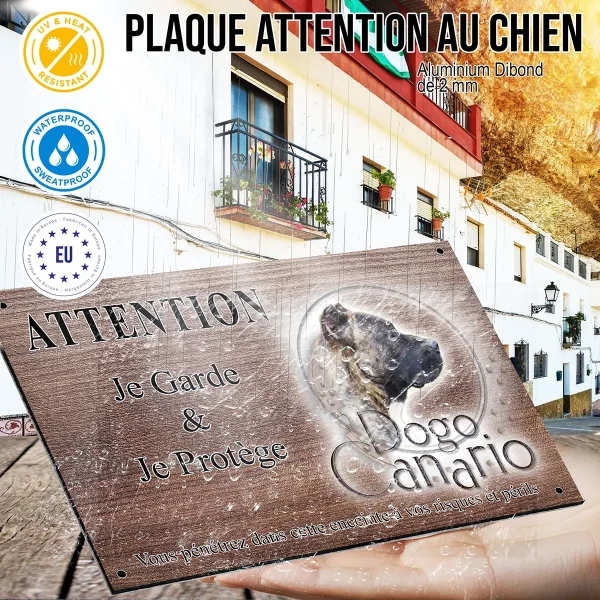 panneau attention au chien Dogo Canario en profil avec un fond stylisé