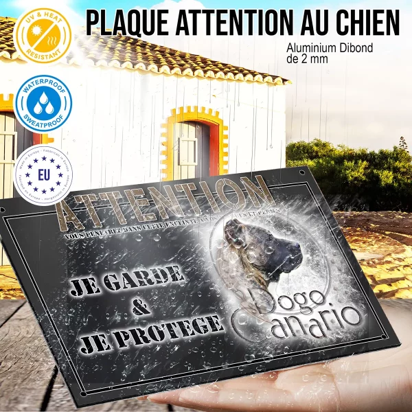 panneau chien de garde Dogo Canario en profil avec un fond stylisé