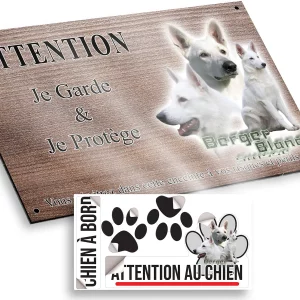 plaque attention au chien Trois images de Berger Blanc Suisse sur fond transparent