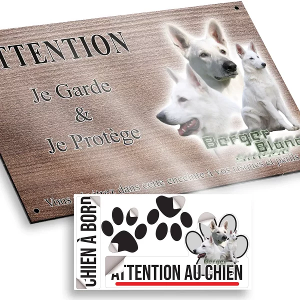 plaque attention au chien Trois images de Berger Blanc Suisse sur fond transparent