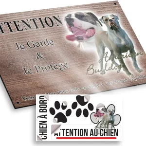 plaque attention au chien Deux American Bulldogs dont un en entier et un en gros plan.