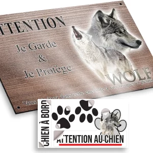 plaque attention au chien Image de deux loups avec le mot 'WOLF'