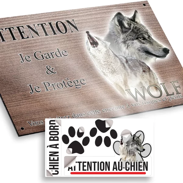 plaque attention au chien Image de deux loups avec le mot 'WOLF'